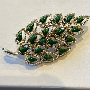 Vintage Gerry's Green Enamel Bead Leaf Fall Autumn Gold Tone Color Brooch Pin